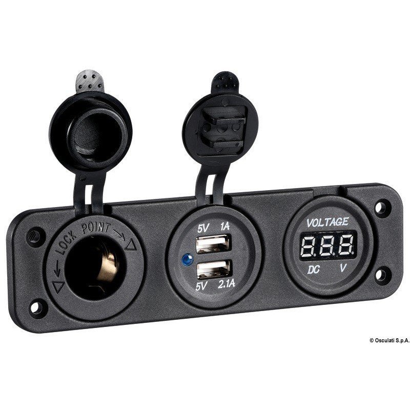 Voltmètre numér. prise double, USB prise encastr. Osculati - Voltmè...