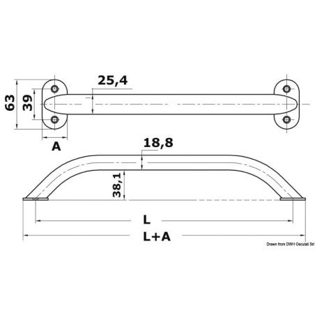 Main-courante ovalisée AISI 316 19x25 mm 450 mm