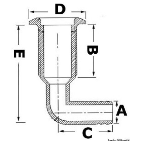 Passe-coque nylon 1"1/2 38mm tête inox embout 90°